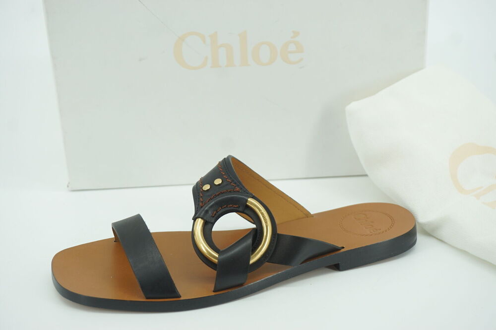 Chloe Demi Slide Buckle Glide Flat Sandals SZ 38 NIB New $670 Black Leather